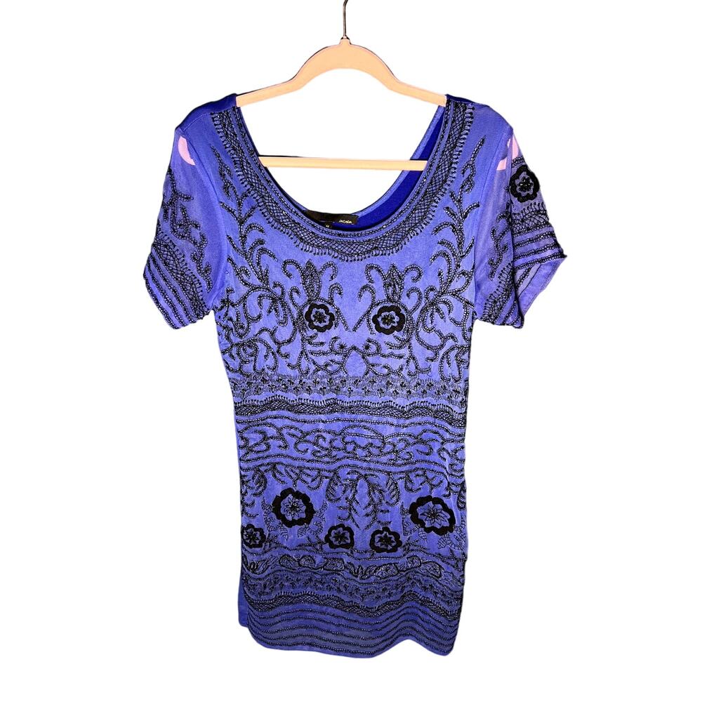 Sacada Blue Black Beaded Short Formal Dress with Sheer Sleeves and Embroidery
